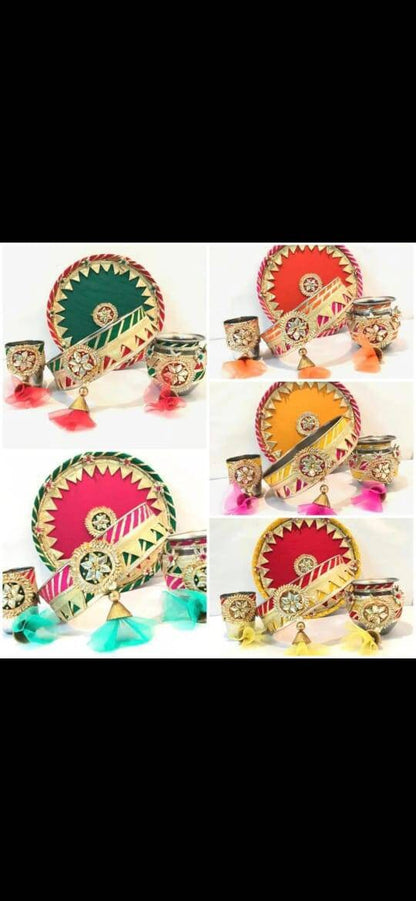 Karwa chauth thali set thali, tumbler, bowl, chalni ,Stainer, plate for Pooja/wedding/haldi / mehendi ceremony