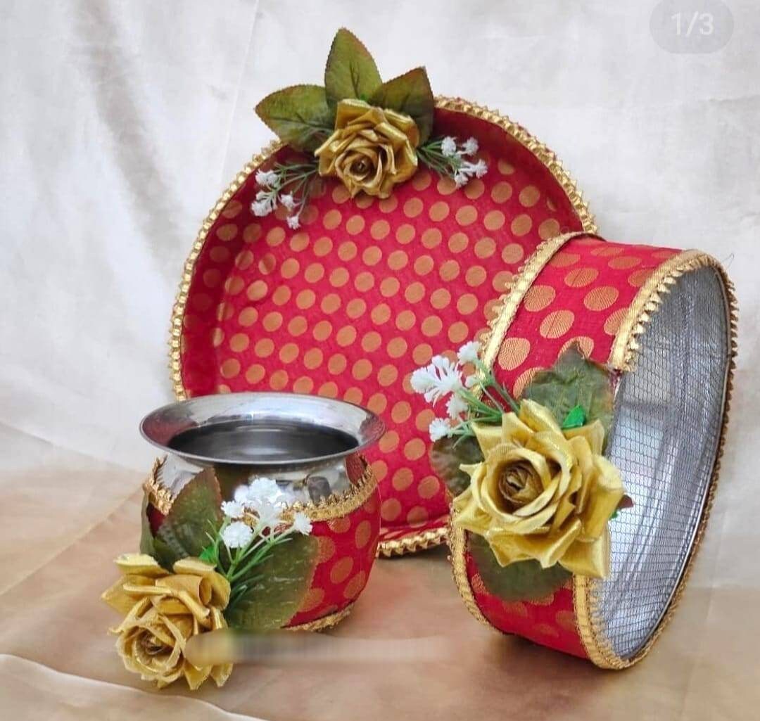 Karwa chauth thali set thali, tumbler, bowl, chalni ,Stainer, plate for Pooja/wedding/haldi / mehendi ceremony