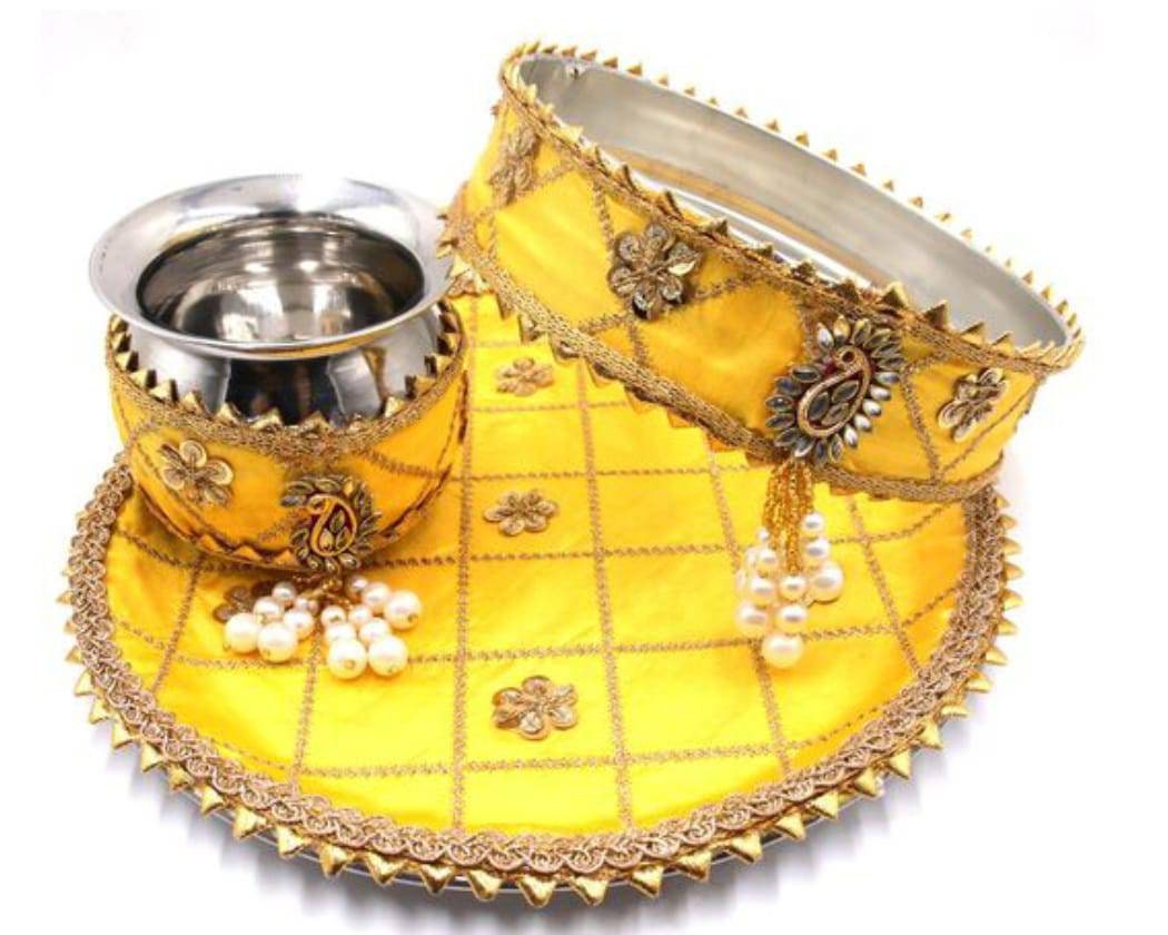 Karwa chauth thali set thali, Tumbler, bowl, Stainer, plate for Pooja/wedding/haldi / mehendi ceremony