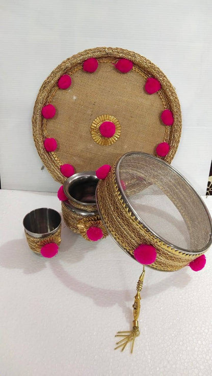 Karwa chauth thali set thali, Tumbler, bowl, Stainer, plate for Pooja/wedding/haldi / mehendi ceremony