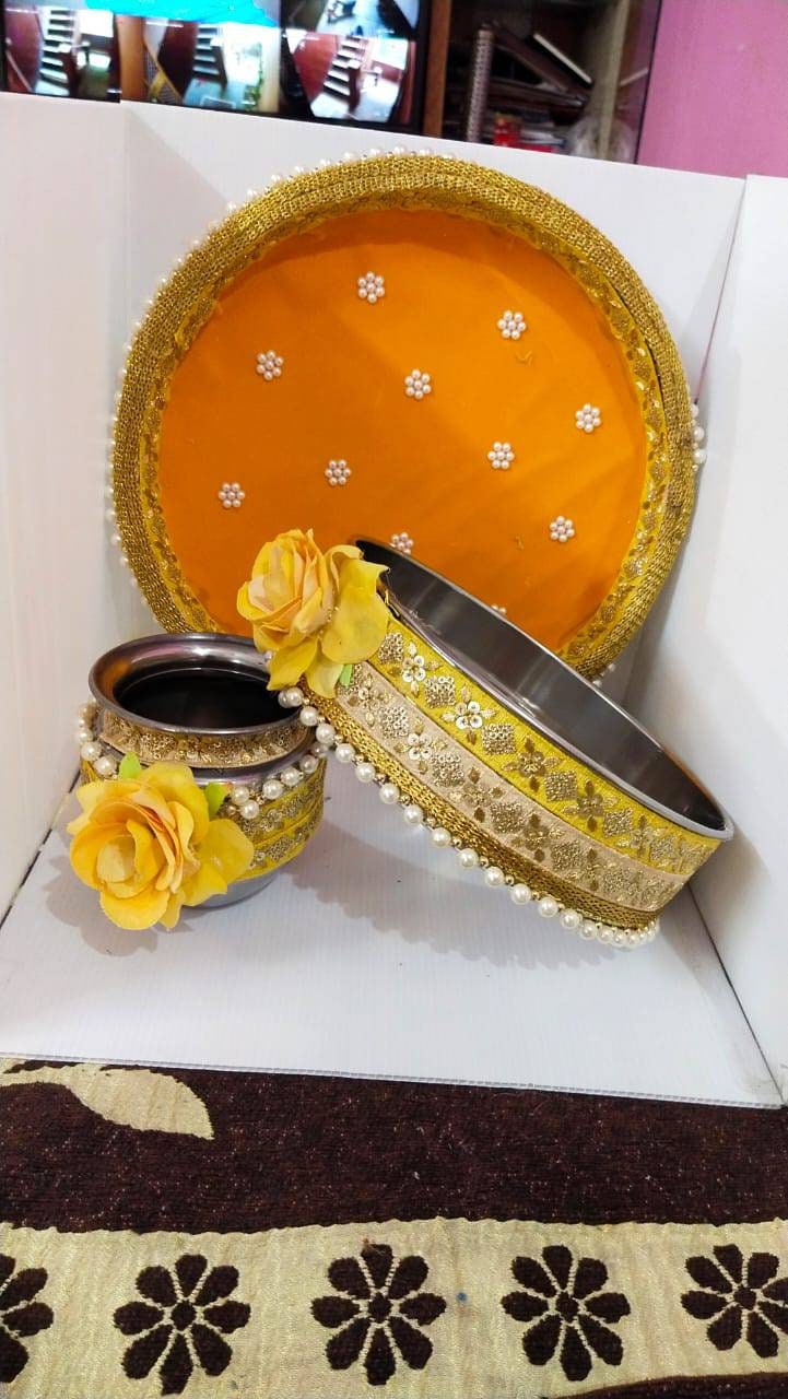 Karwa chauth thali set thali, Tumbler, bowl, Stainer, plate for Pooja/wedding/haldi / mehendi ceremony