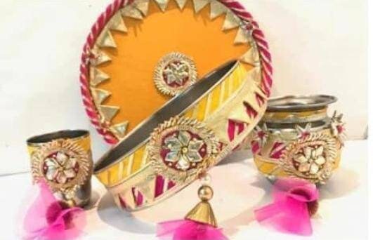 Karwa chauth thali set thali, tumbler, bowl, chalni ,Stainer, plate for Pooja/wedding/haldi / mehendi ceremony