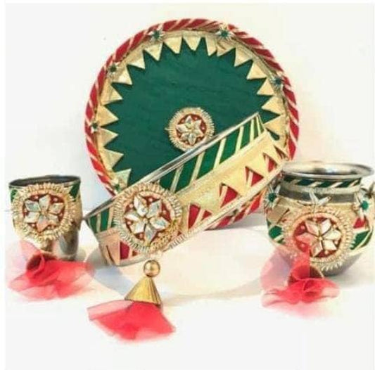 Karwa chauth thali set thali, tumbler, bowl, chalni ,Stainer, plate for Pooja/wedding/haldi / mehendi ceremony