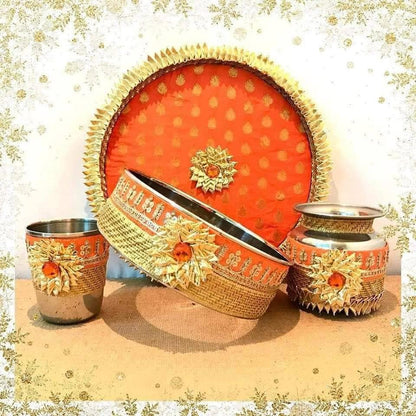 Karwa chauth thali set thali, tumbler, bowl, chalni ,Stainer, plate for Pooja/wedding/haldi / mehendi ceremony