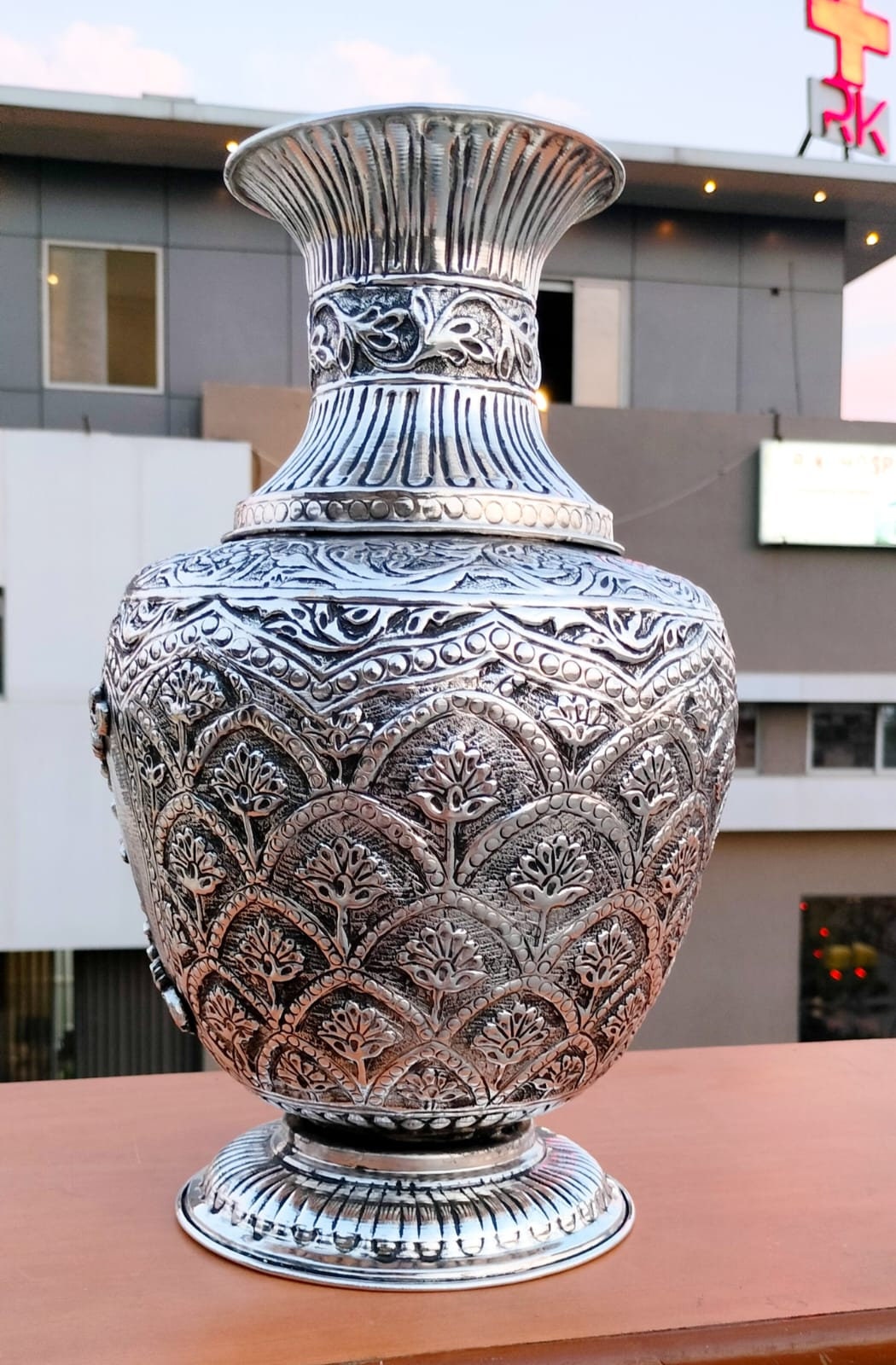 German Silver Hand Engraved Radha Krishna flower pot Hindu Diety Worship, Temple Decor, Antique Oxidized Silver vase Spiritual Gift