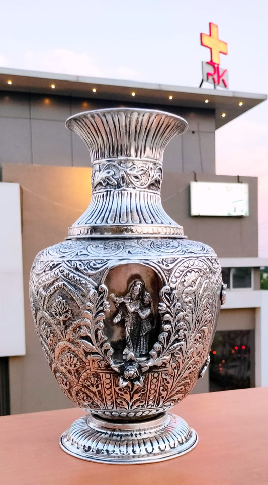 German Silver Hand Engraved Radha Krishna flower pot Hindu Diety Worship, Temple Decor, Antique Oxidized Silver vase Spiritual Gift