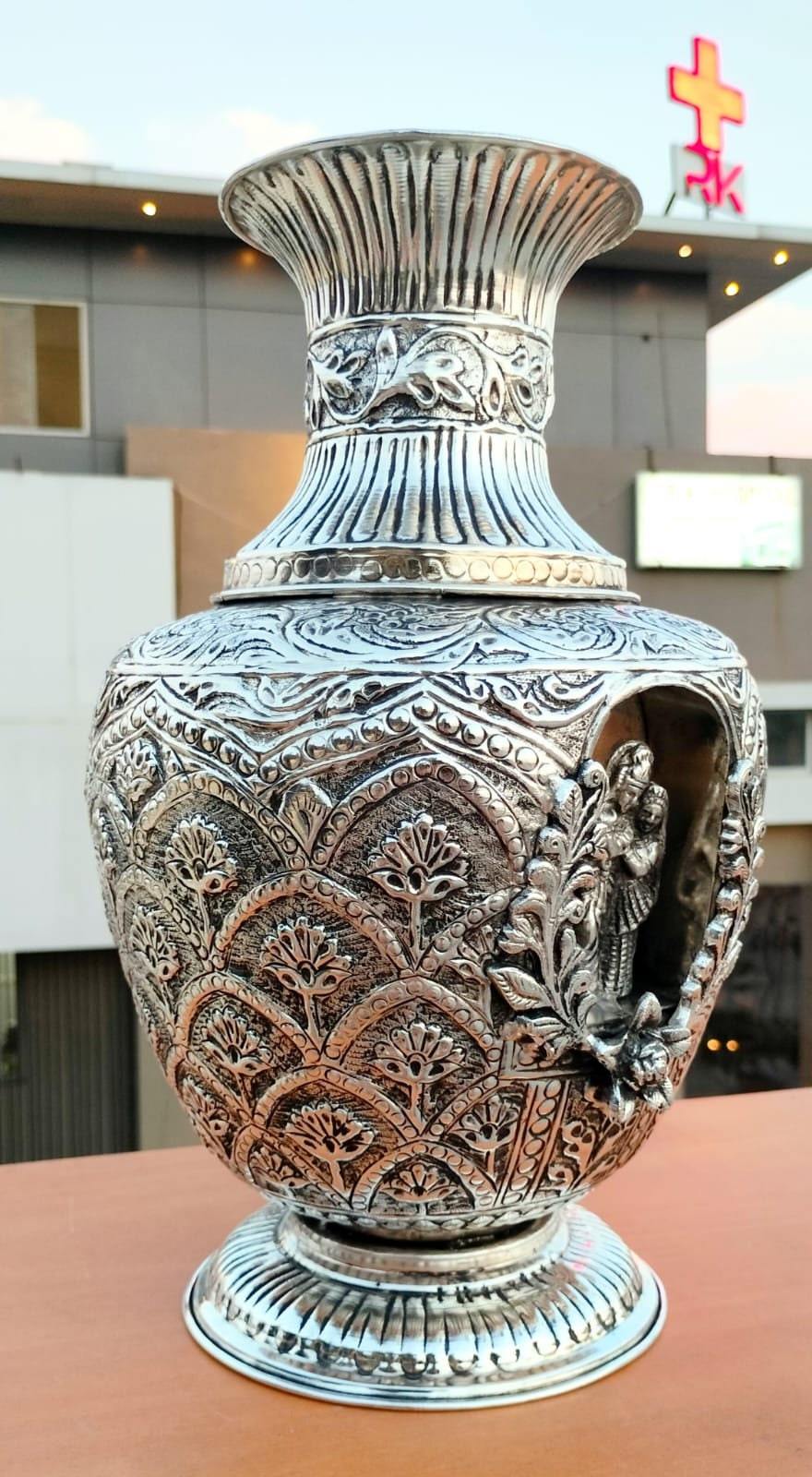 German Silver Hand Engraved Radha Krishna flower pot Hindu Diety Worship, Temple Decor, Antique Oxidized Silver vase Spiritual Gift