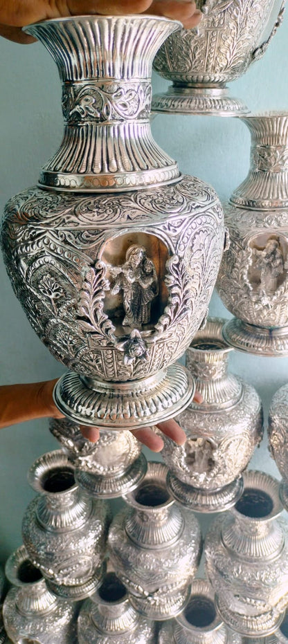 German Silver Hand Engraved Radha Krishna flower pot Hindu Diety Worship, Temple Decor, Antique Oxidized Silver vase Spiritual Gift