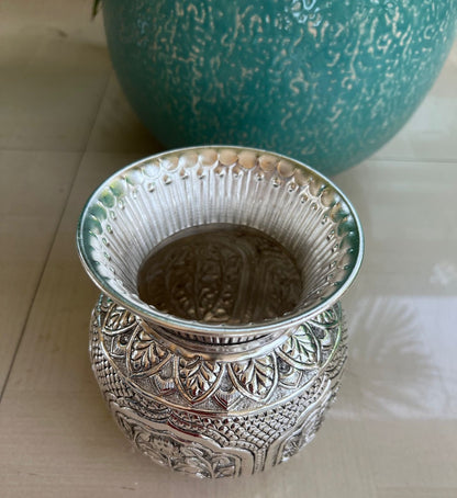 German Silver Hand Engraved Kalash flower pot Hindu Deity Worship,Temple Decor,Antique Oxidized Silver vase Spiritual Gift/ Om engraved vase