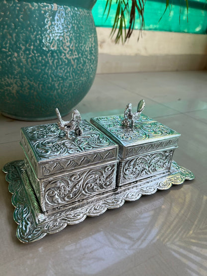 German Silver 2 peacock boxes with tray Decor, Table Decor, Snack Bowl,Serving Bowl, Dry fruit Jar,Wedding Gift, Dry Fruit Box, Diwali gift