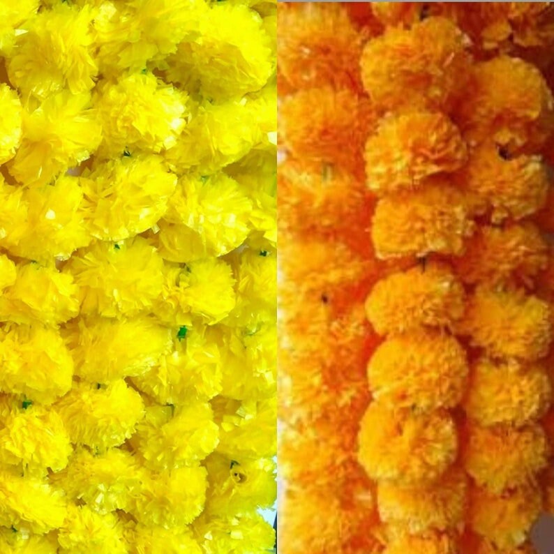 Marigold hanging/marigold flower garland with bells/marigold strings Bell tassels Toran/valence ganpati decoration/backdrops flower toran