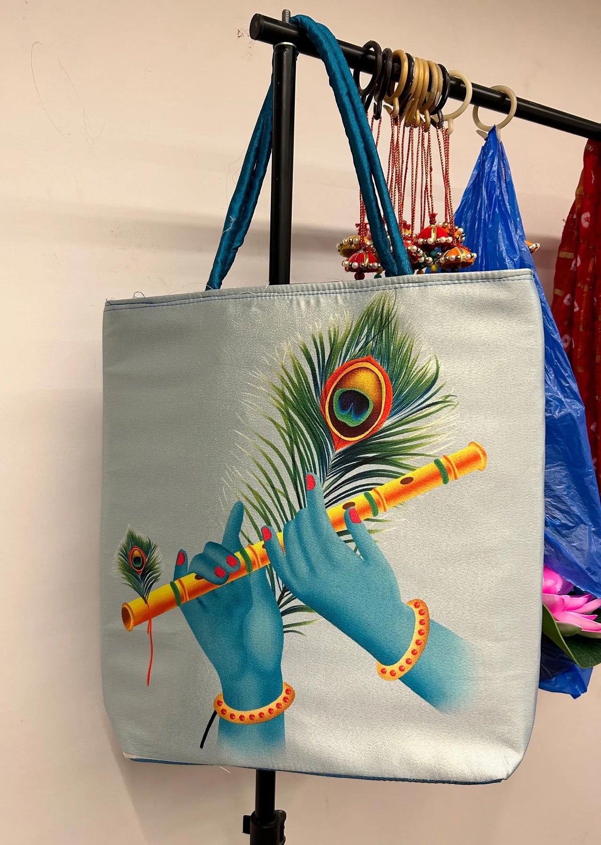 Peacock Feather Potli Bag: Indian Wedding Favor, Janmashtami Gift (16x16 inch)