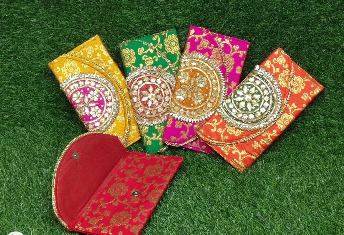 Printed Gota Zari clutch Bags - Indian Wedding Favors, Shagun Pouch
