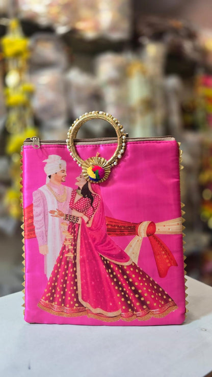 Handbag Digital Print Wedding Special Ceremony Gift Bag: Cotton Bridal Handbag with Bangle Handle
