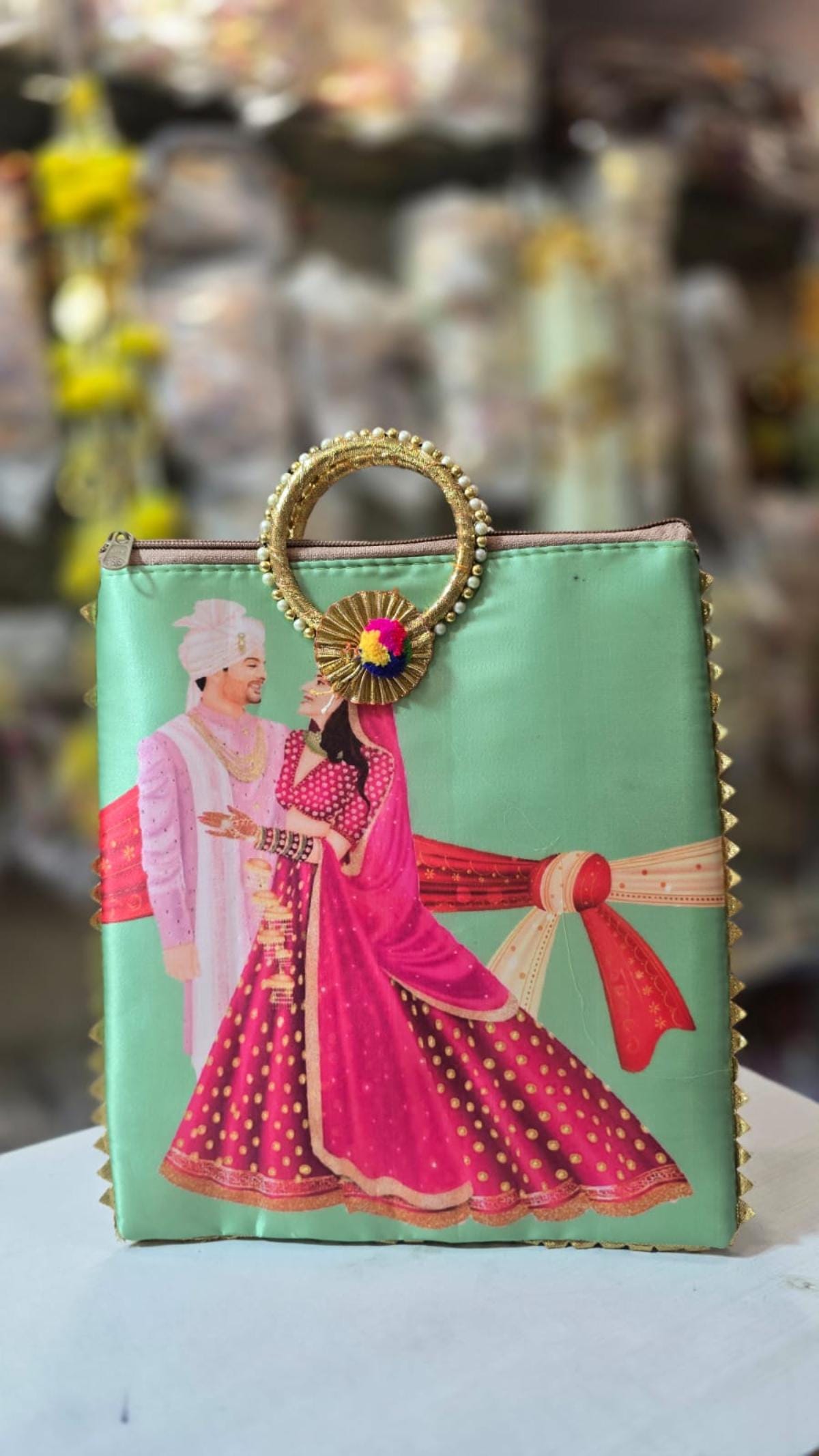 Handbag Digital Print Wedding Special Ceremony Gift Bag: Cotton Bridal Handbag with Bangle Handle