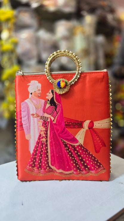 Handbag Digital Print Wedding Special Ceremony Gift Bag: Cotton Bridal Handbag with Bangle Handle