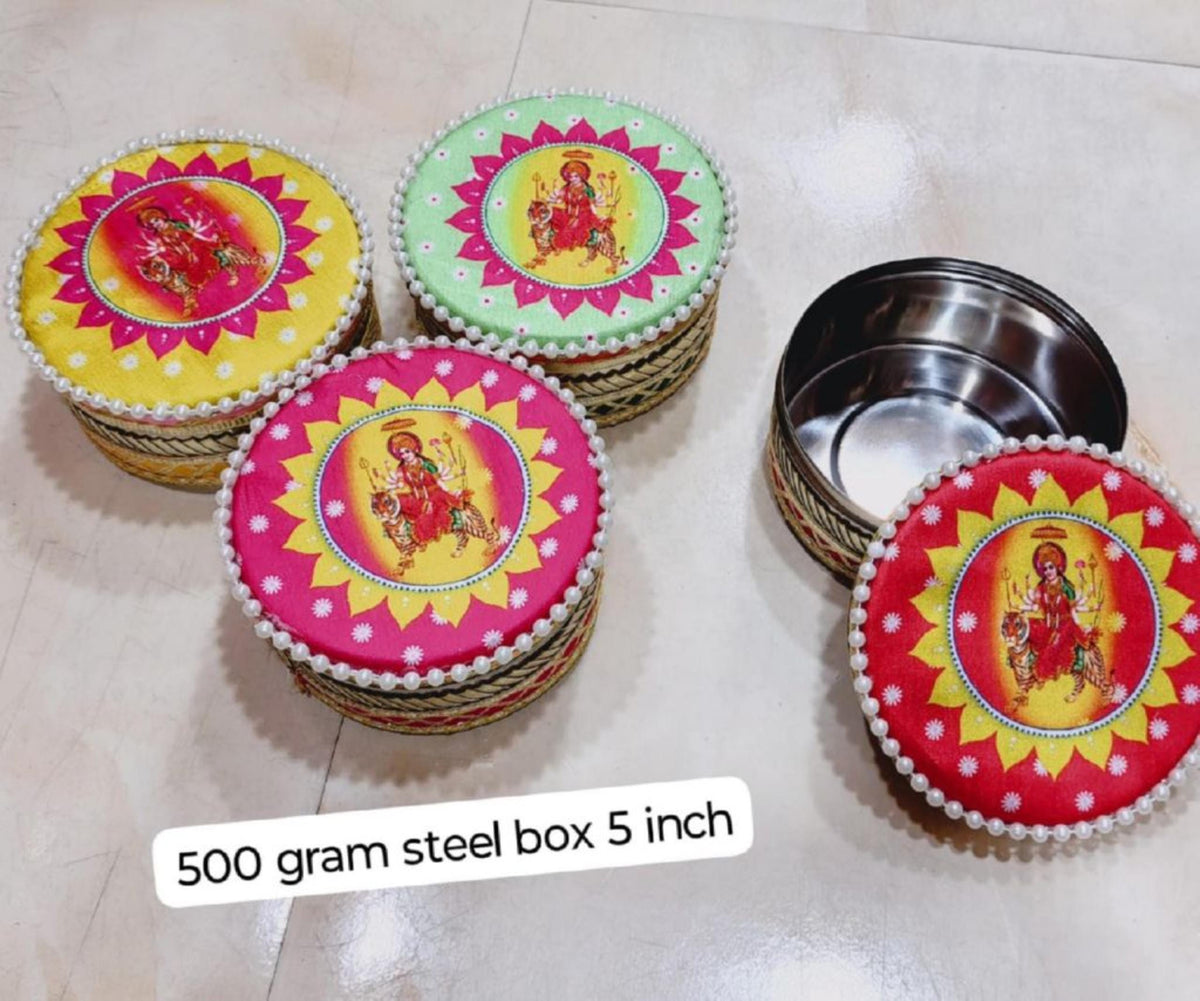 Stainless Steel Storage Container Gift Box: Wedding & Pooja Favors, Size - 5"| 500 gm
