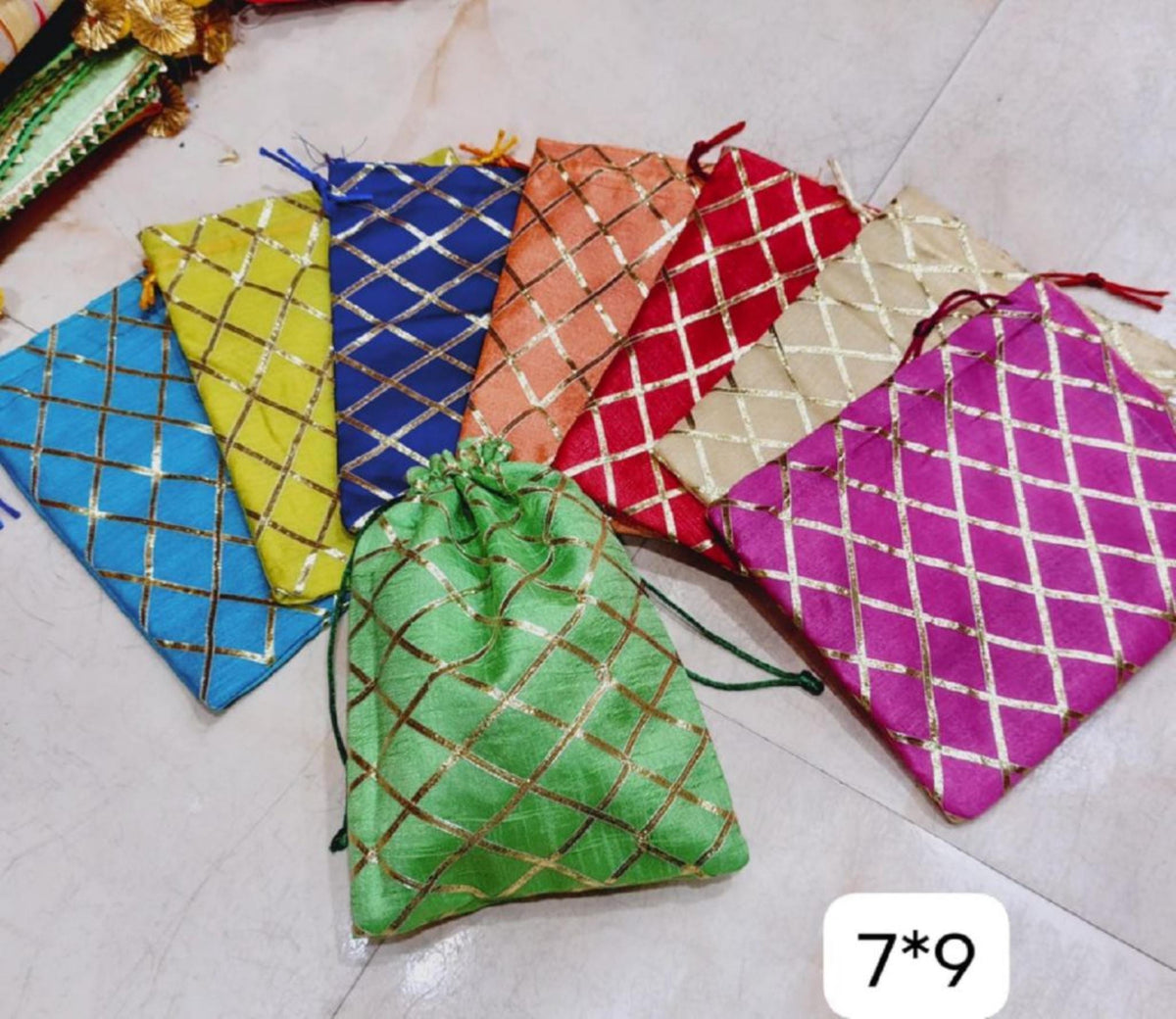 Printed Gota Zari Potli Bags - Indian Wedding Favors, Shagun Pouch 7*9 inch
