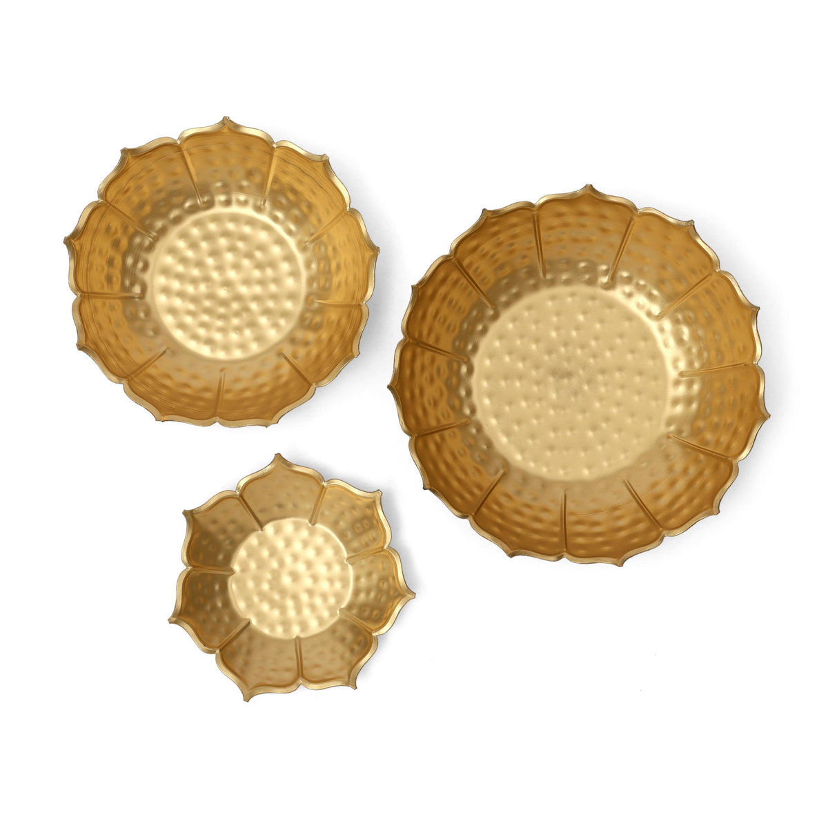 Golden Metal Urli Bowl Set, Lotus Design, Festive Decor (3 Sizes)