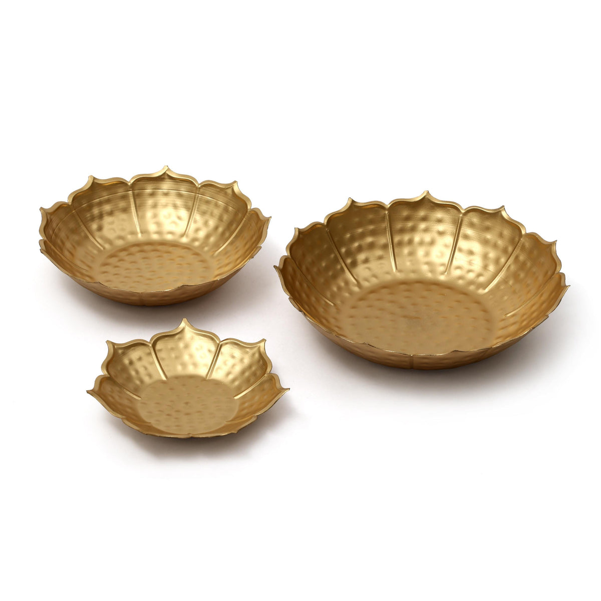 Golden Metal Urli Bowl Set, Lotus Design, Festive Decor (3 Sizes)