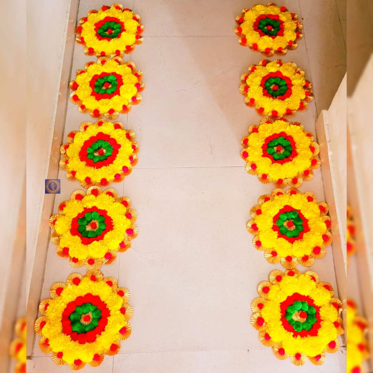 Handmade Marigold Rangoli Mat Set | Indian Puja Aasan, Temple Decor
