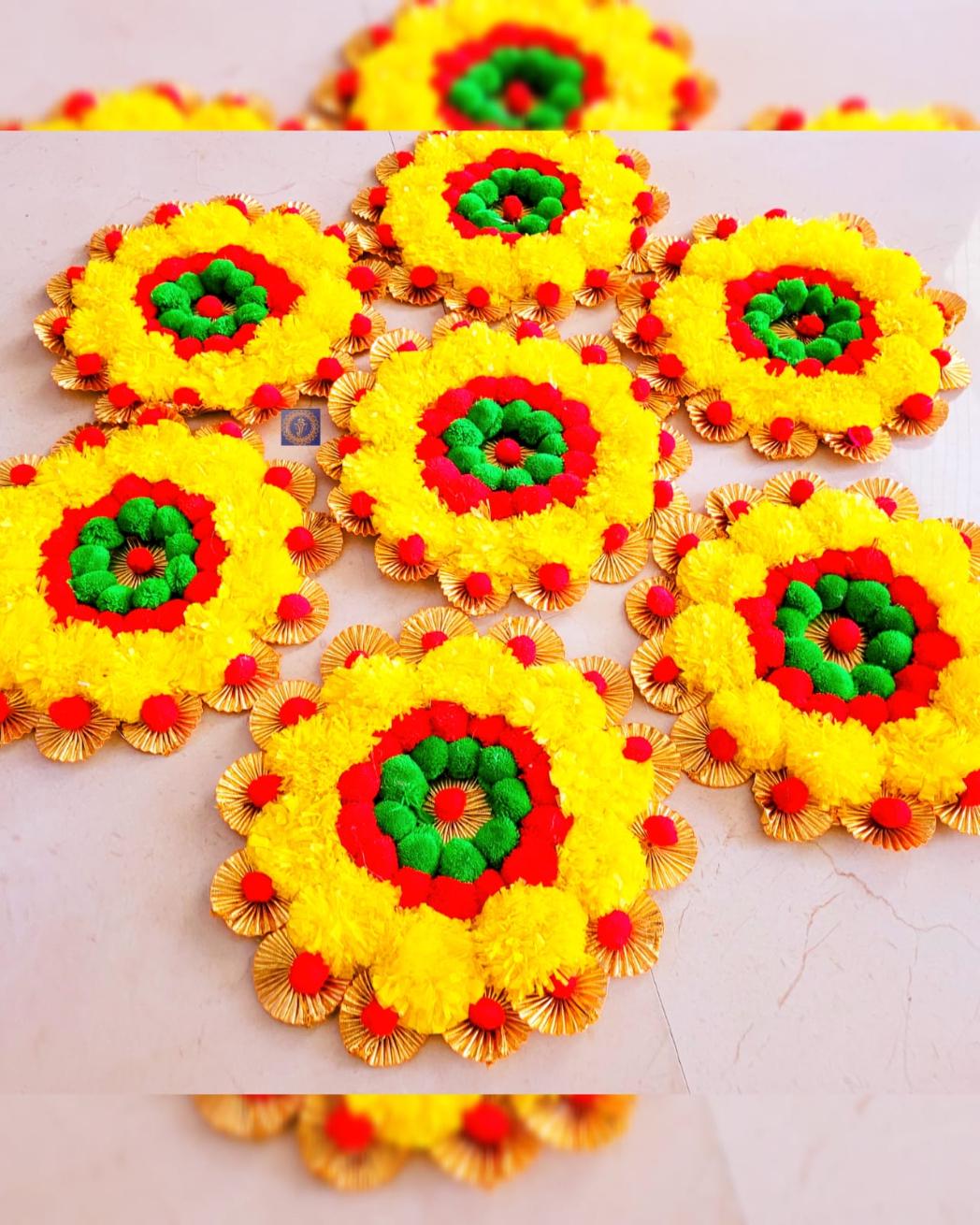 Handmade Marigold Rangoli Mat Set | Indian Puja Aasan, Temple Decor