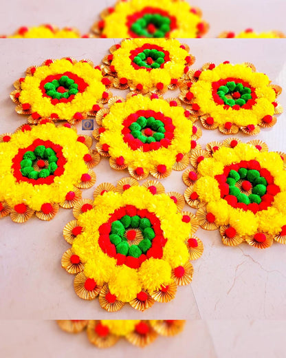 Handmade Marigold Rangoli Mat Set | Indian Puja Aasan, Temple Decor