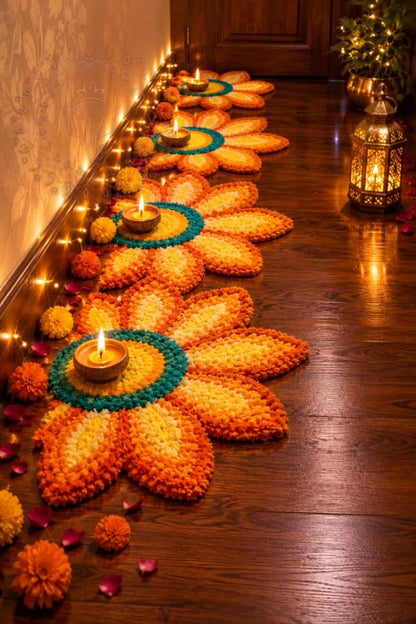 Handmade Colorfull Flower Rangoli Mat Set | Indian Puja Aasan, Temple Decor