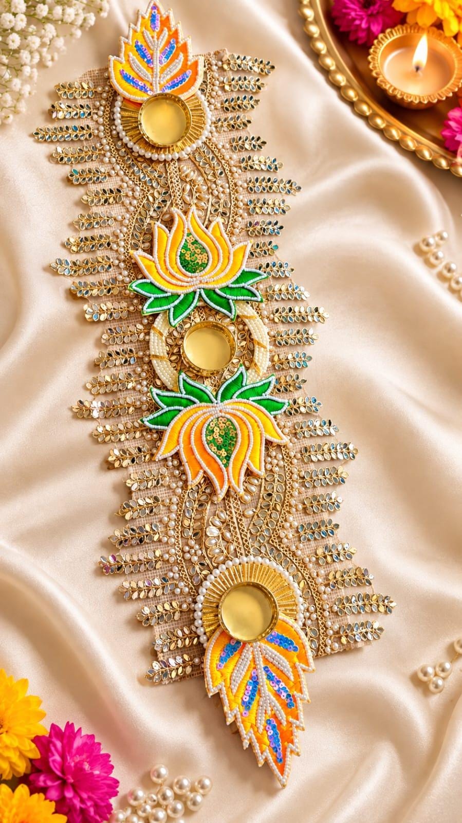 Handcrafted Gota Patti Diya Runners | Floral Tealight Decor Set (20" Each)