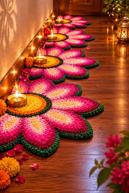Handmade Colorfull Flower Rangoli Mat Set | Indian Puja Aasan, Temple Decor