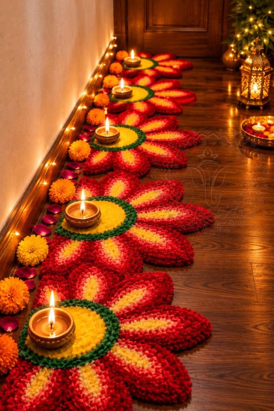 Handmade Colorfull Flower Rangoli Mat Set | Indian Puja Aasan, Temple Decor