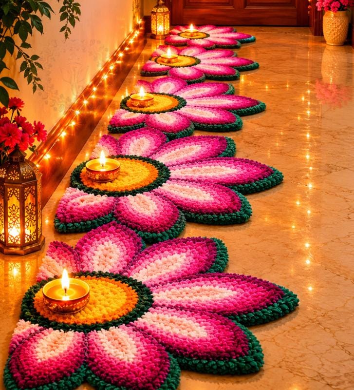 Handmade Colorfull Flower Rangoli Mat Set | Indian Puja Aasan, Temple Decor