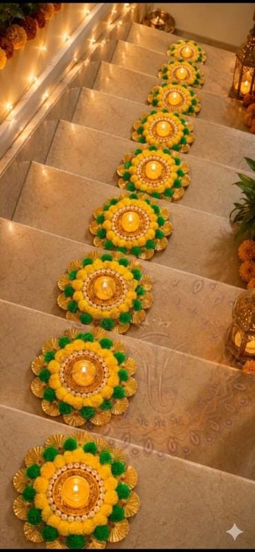 Handcrafted Pom Pom Diya Plate with Tealight, Traditional Diwali Decorations, Pooja Room Decor