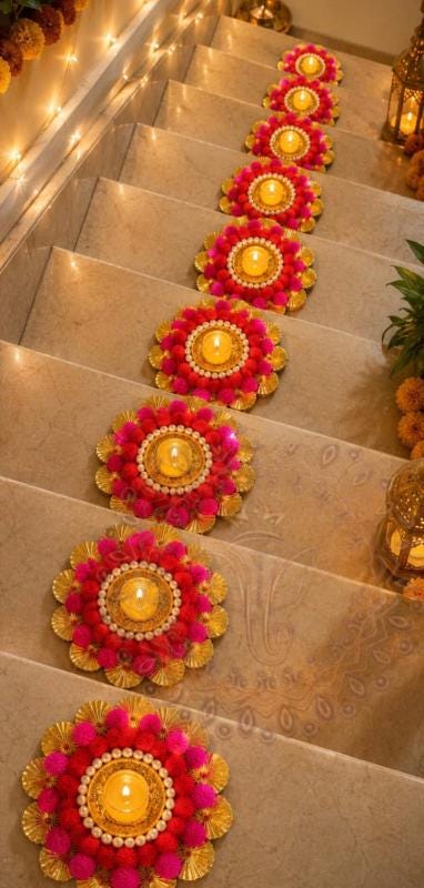 Handcrafted Pom Pom Diya Plate with Tealight, Traditional Diwali Decorations, Pooja Room Decor