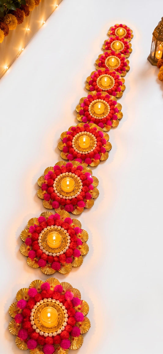 Handcrafted Pom Pom Diya Plate with Tealight, Traditional Diwali Decorations, Pooja Room Decor