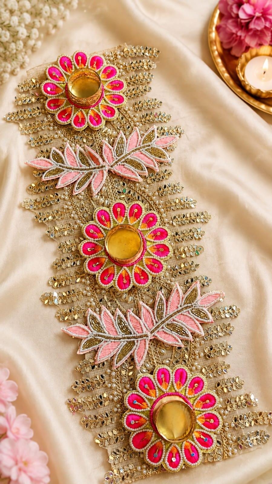 Handcrafted Gota Patti Diya Runners | Floral Tealight Decor Set (20" Each)