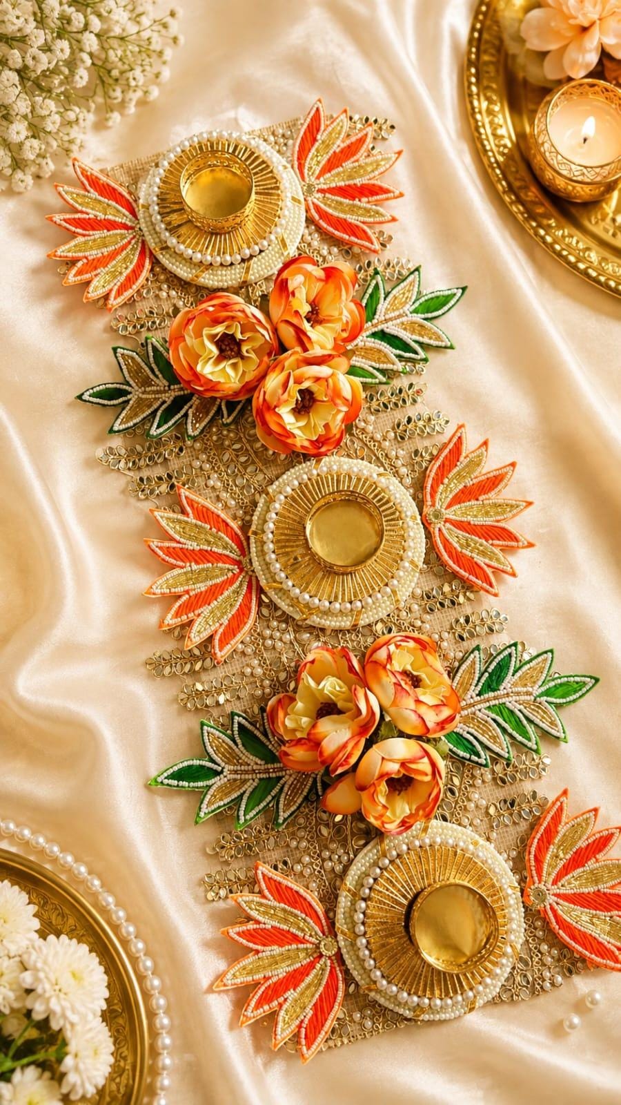 Handcrafted Gota Patti Diya Runners | Floral Tealight Decor Set (20" Each)