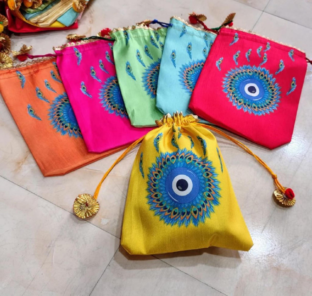 Indian Wedding Potli Bags, Rangoli Print, Tassel Drawstring Pouches (7x9 inch)