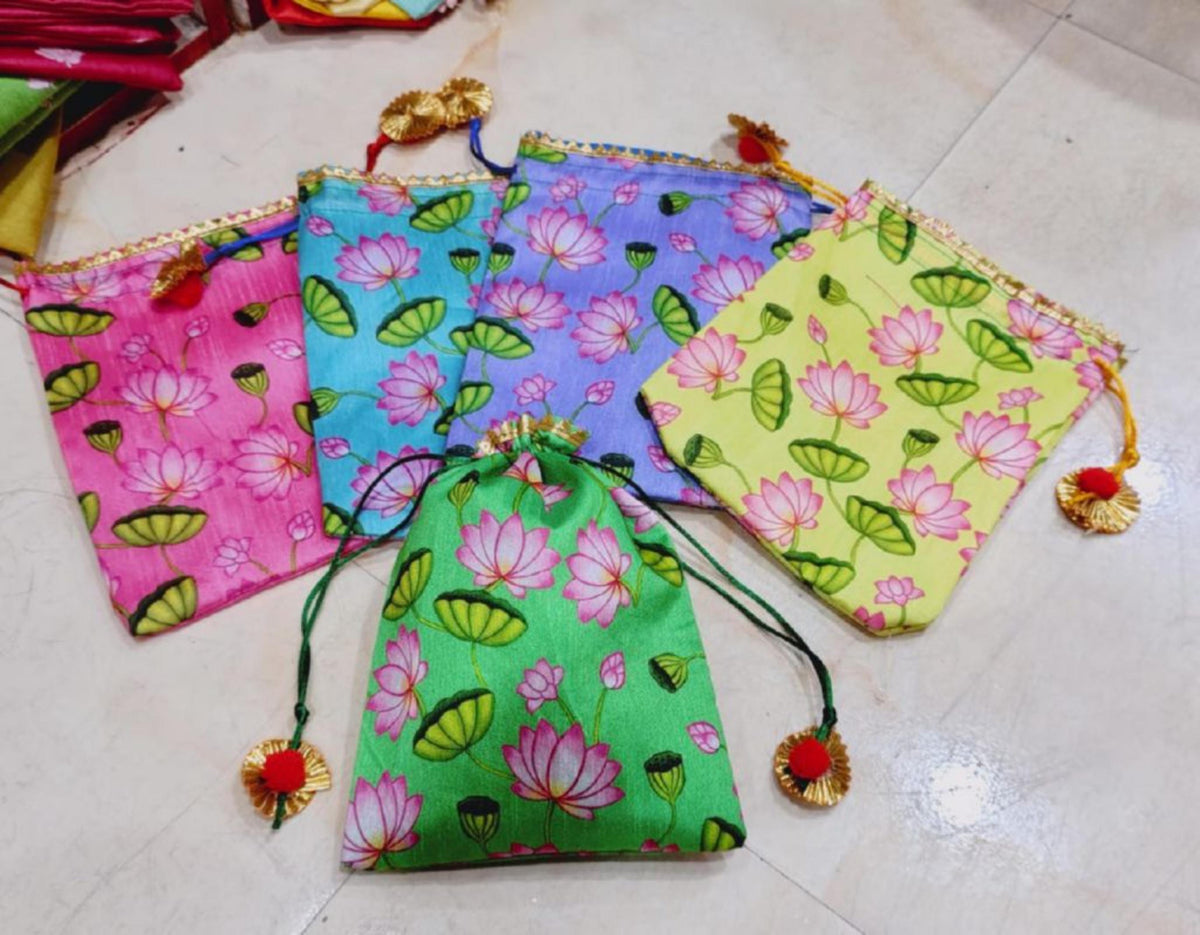 Indian Wedding Potli Bags, Rangoli Print, Tassel Drawstring Pouches (7x9 inch)