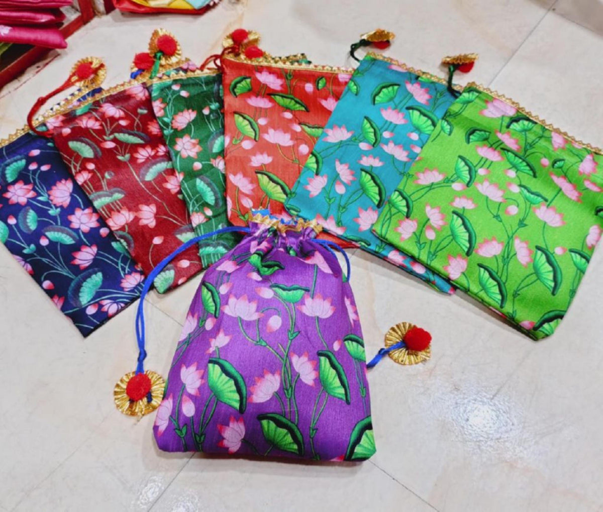 Indian Wedding Potli Bags, Rangoli Print, Tassel Drawstring Pouches (7x9 inch)