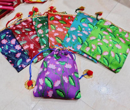 Indian Wedding Potli Bags, Rangoli Print, Tassel Drawstring Pouches (7x9 inch)