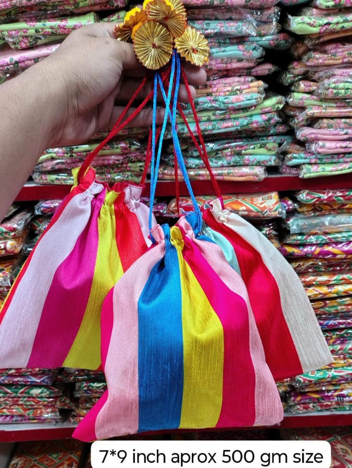 Indian Wedding Potli Bags, Rangoli Print, Tassel Drawstring Pouches (7x9 inch)