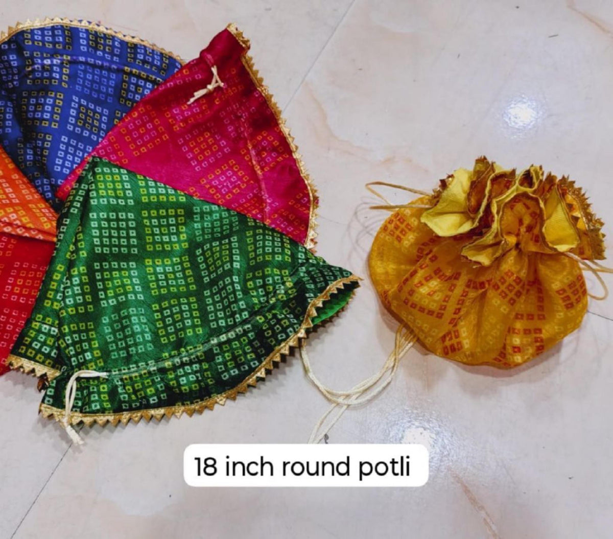 Leheriya Potli Bag & Thal Cover Set, Gold Detailing, Indian Wedding Decor