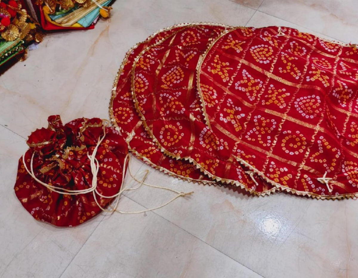 Leheriya Potli Bag & Thal Cover Set, Gold Detailing, Indian Wedding Decor