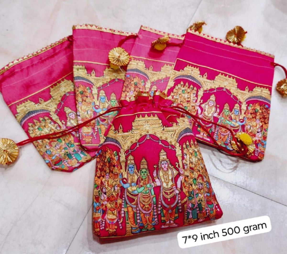 Indian Festive Potli Bags, Rangoli Print, Tassel Drawstring Pouches (7x9 inch)