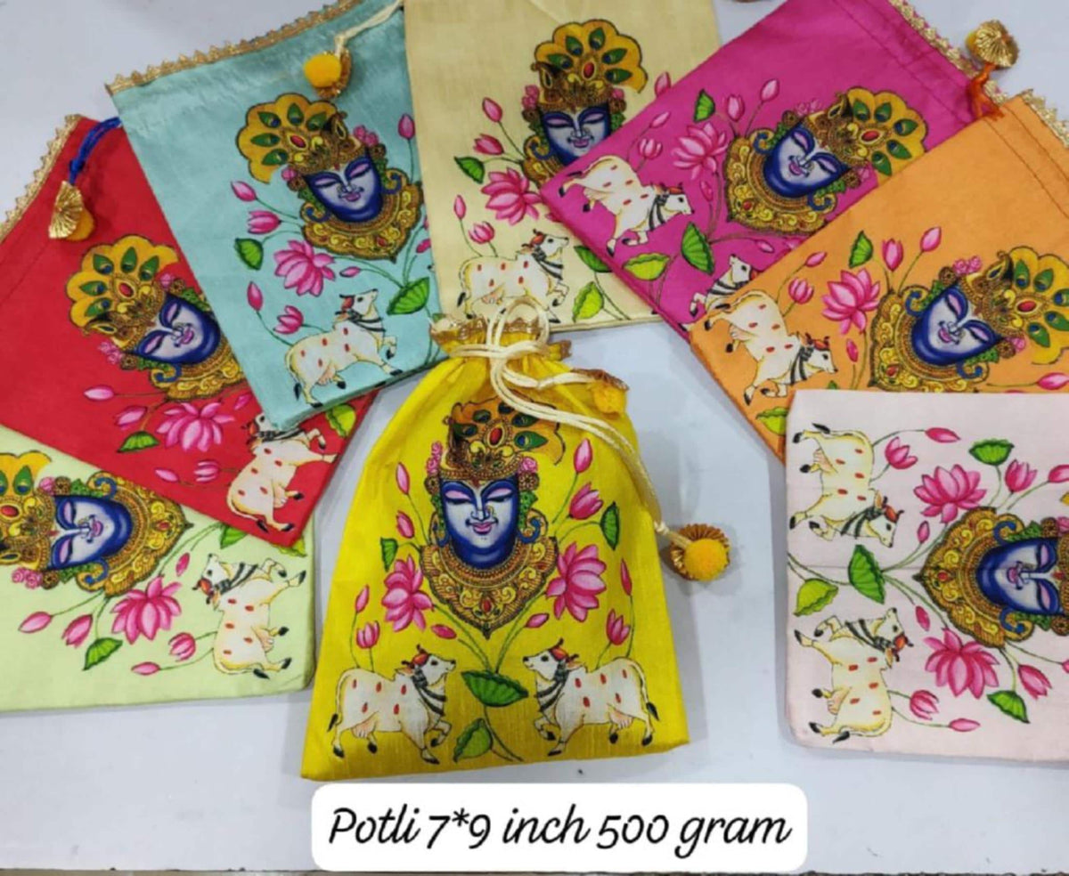 Indian Festive Potli Bags, Rangoli Print, Tassel Drawstring Pouches (7x9 inch)