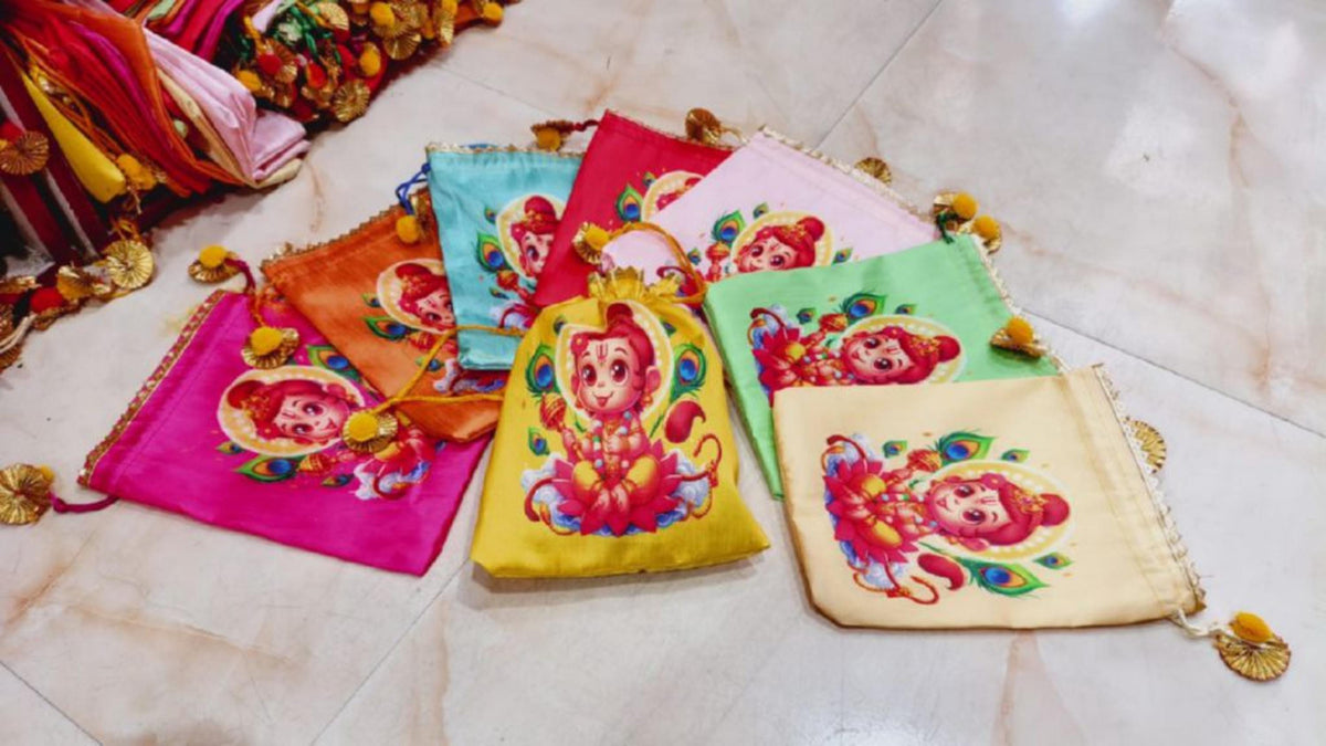 Indian Festive Potli Bags, Rangoli Print, Tassel Drawstring Pouches (7x9 inch)