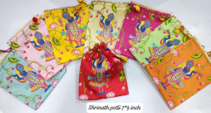 Indian Festive Potli Bags, Rangoli Print, Tassel Drawstring Pouches (7x9 inch)