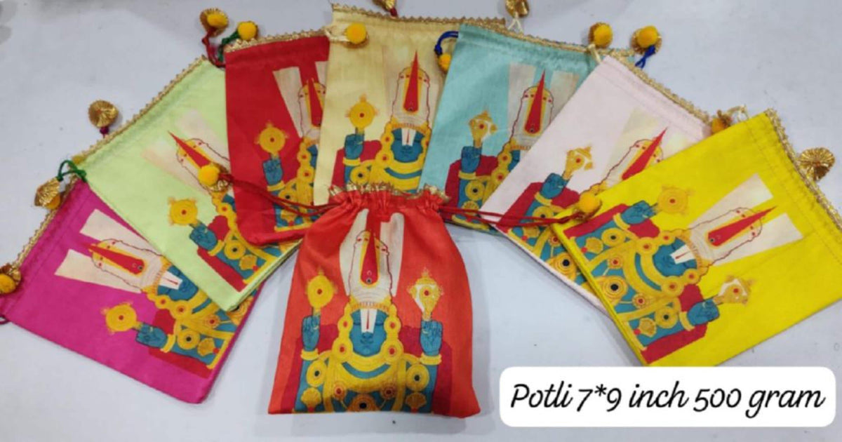 Indian Festive Potli Bags, Rangoli Print, Tassel Drawstring Pouches (7x9 inch)