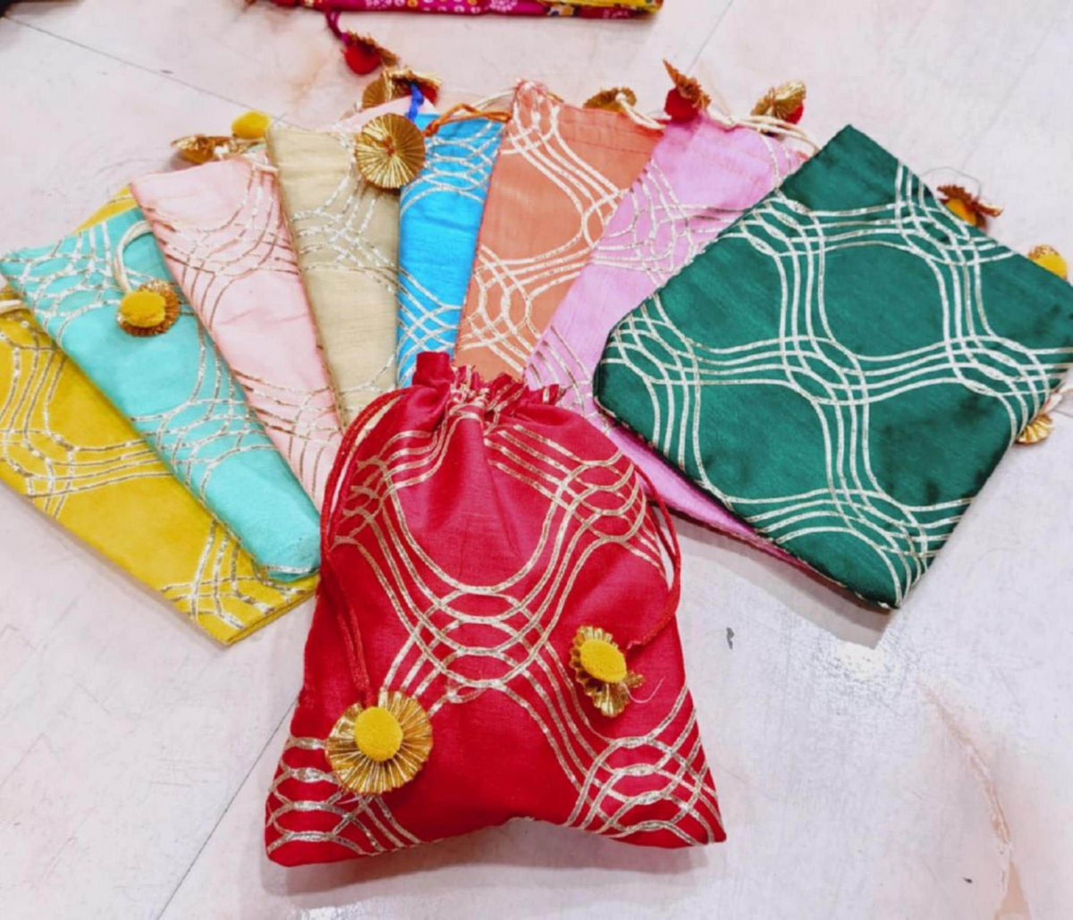 Indian Wedding Potli Bags, Rangoli Print, Tassel Drawstring Pouches (7x9 inch)